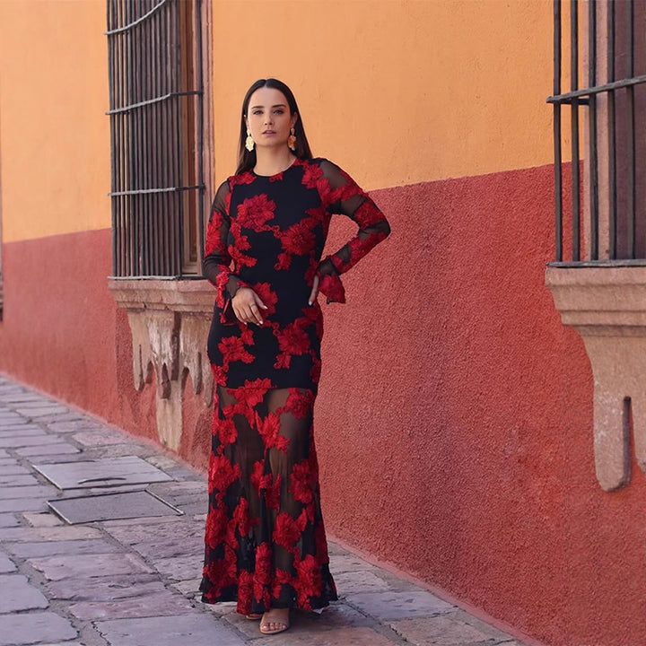 Women’s maxi dress with transparent mesh and floral embroidery Mune Fashion