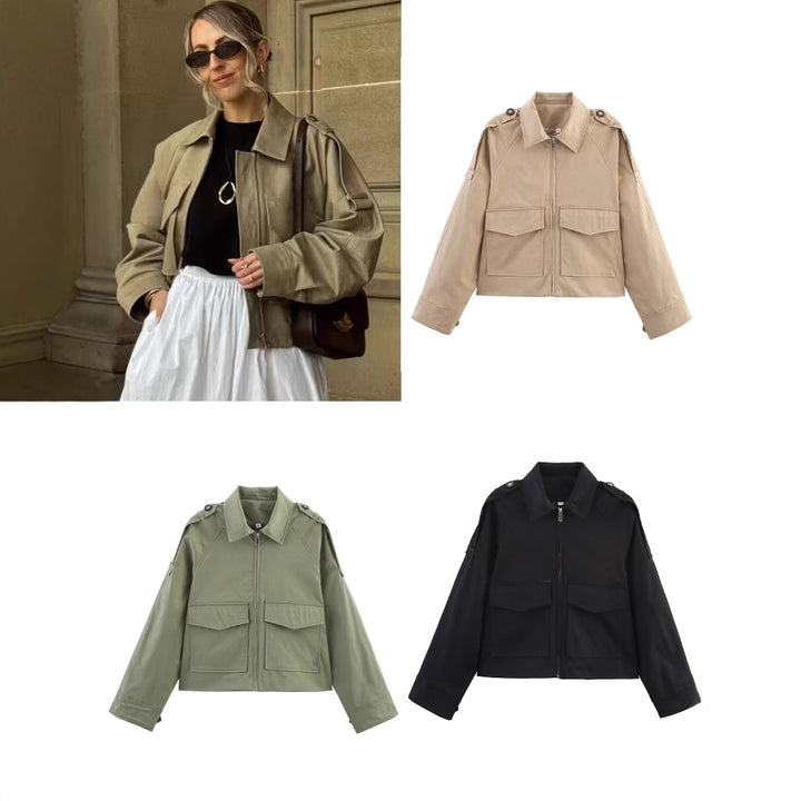 Women's Short Cut Utility Jacket in Military Look with Flap Pockets, Epaulettes and Zipper Mune Fashion