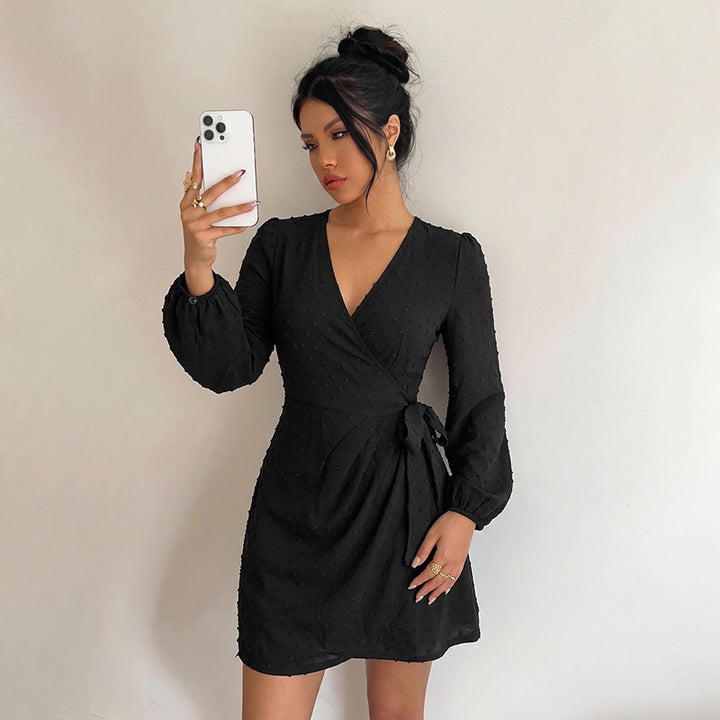 Women's Wrap Mini Dress with V-Neck, Polka Dot Effect, Gathered Waist and Long Sleeves Mune Fashion
