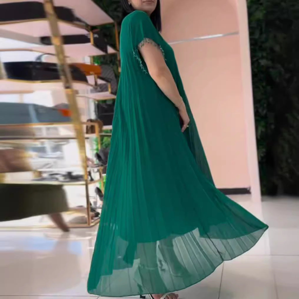 Women nan elegant chiffon pleated maxi dress with wide swing skirt and tassel sleeves Mune Fashion