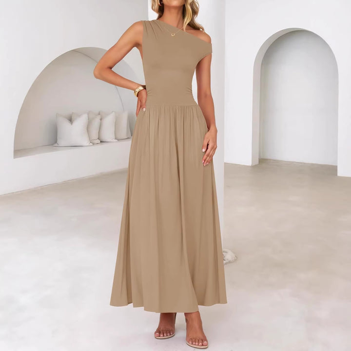 Women Asymmetrical Maxi Dress with One-Shoulder, Waist Emphasis and Side Pockets Mune Fashion