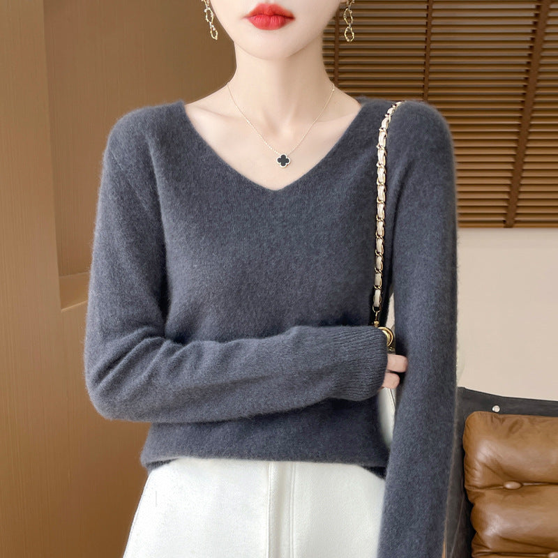 Women's Cozy V-Neck Fine Knit Sweater made of Mohair Mix with Fluffy Surface Mune Fashion