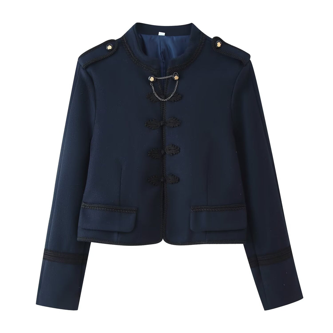 Women Short Blazer with Stand-up Collar, Decorative Knot and Epaulettes Mune Fashion