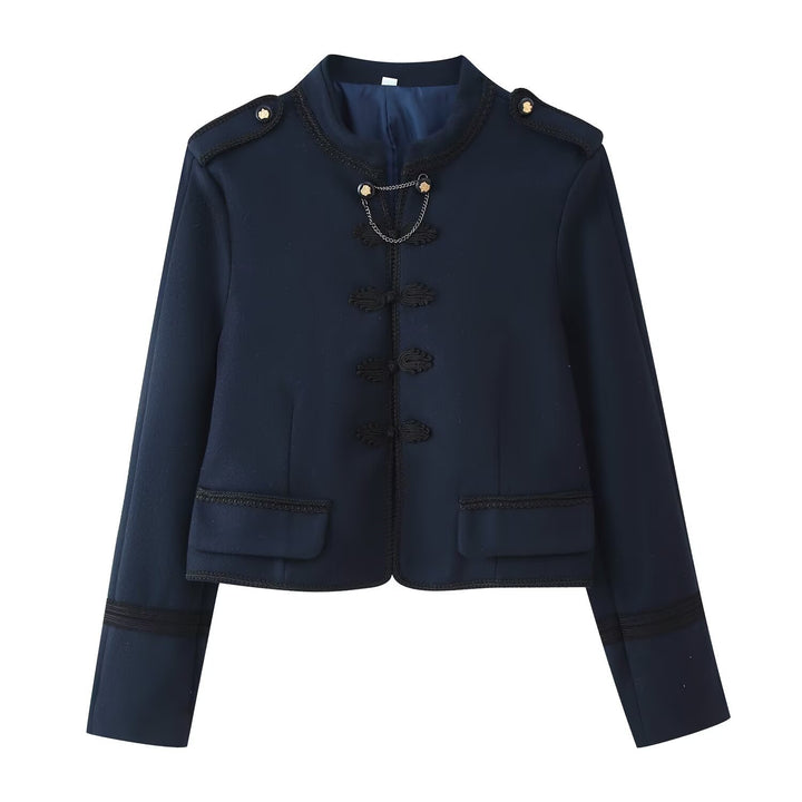 Women Short Blazer with Stand-up Collar, Decorative Knot and Epaulettes Mune Fashion