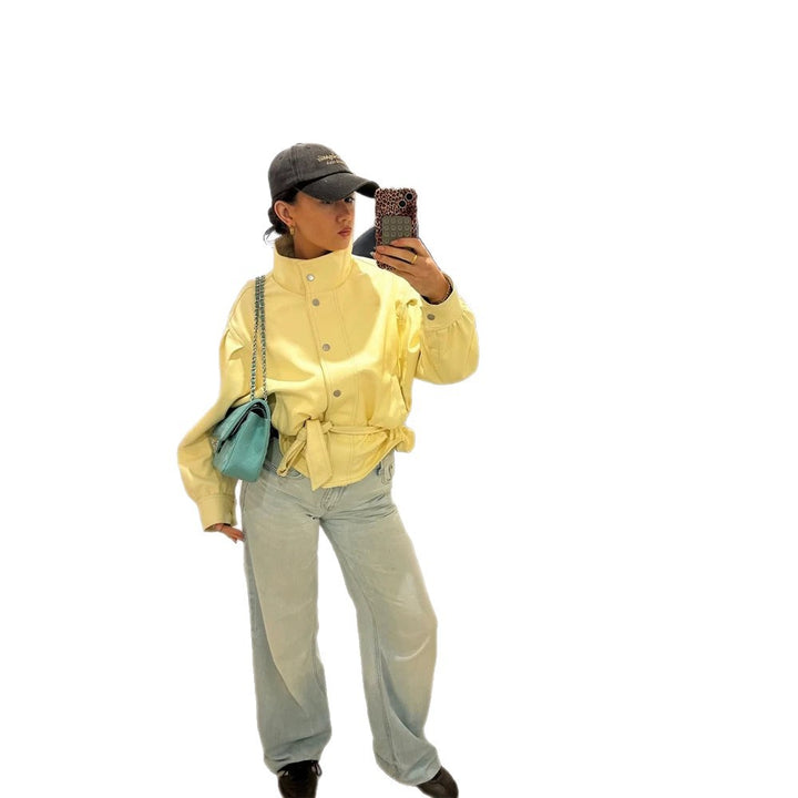 Women's Short Tailored Jacket with Stand Collar, Puff Sleeves and Tie Belt Mune Fashion