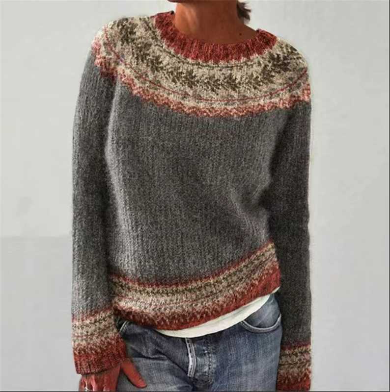 Women's Norwegian sweater made of wool blend with round neck and traditional Fair Isle yoke Mune Fashion