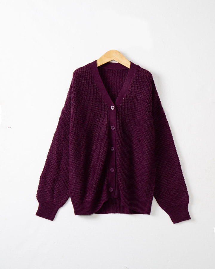 Women Waffle Structure Cardigan with Deep V Neck and Boxy Oversized Cut Mune Fashion