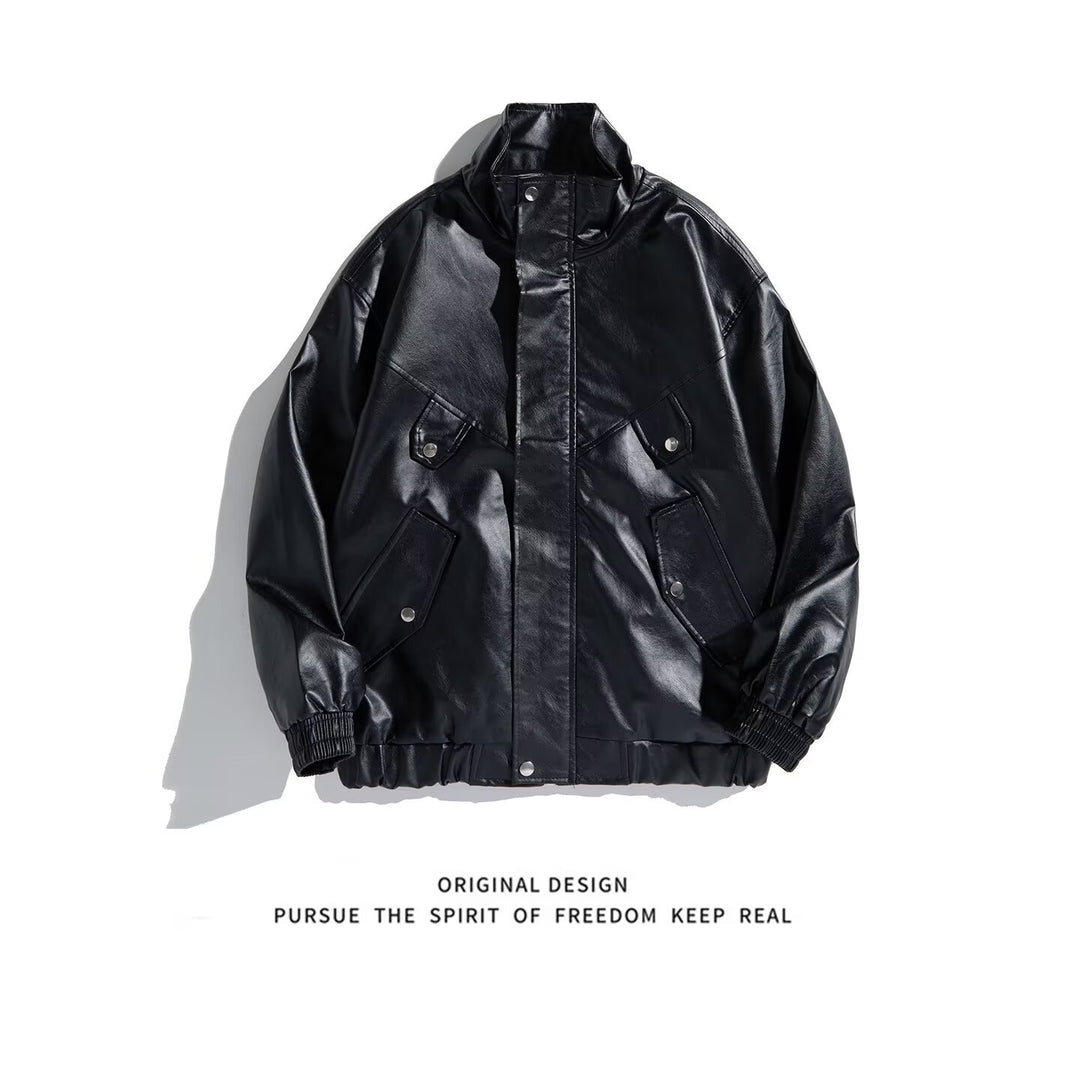 Men's Oversized Faux Leather Bomber Jacket with Stand Collar, Flap Pockets and Elastic Hem Mune Fashion