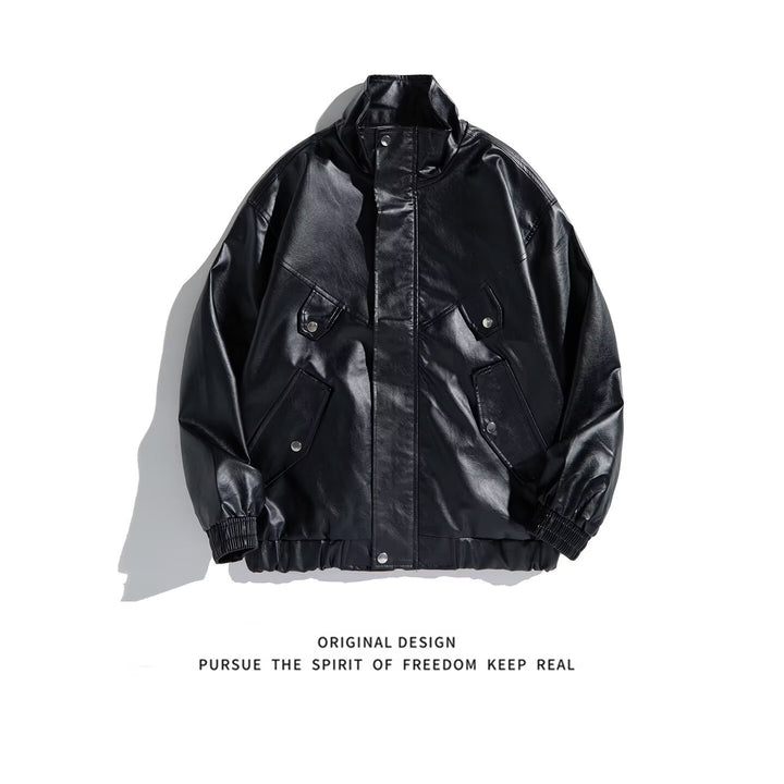 Men's Oversized Faux Leather Bomber Jacket with Stand Collar, Flap Pockets and Elastic Hem Mune Fashion