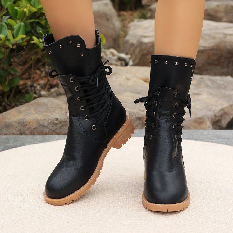 Women’s combat-style lace-up boots with stud detailing and chunky tread sole Mune Fashion