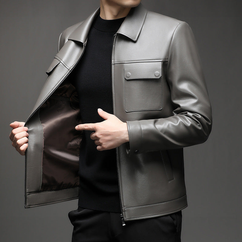 Men Smooth Leather Look Blouson with Chest Flaps and Zipper Mune Fashion