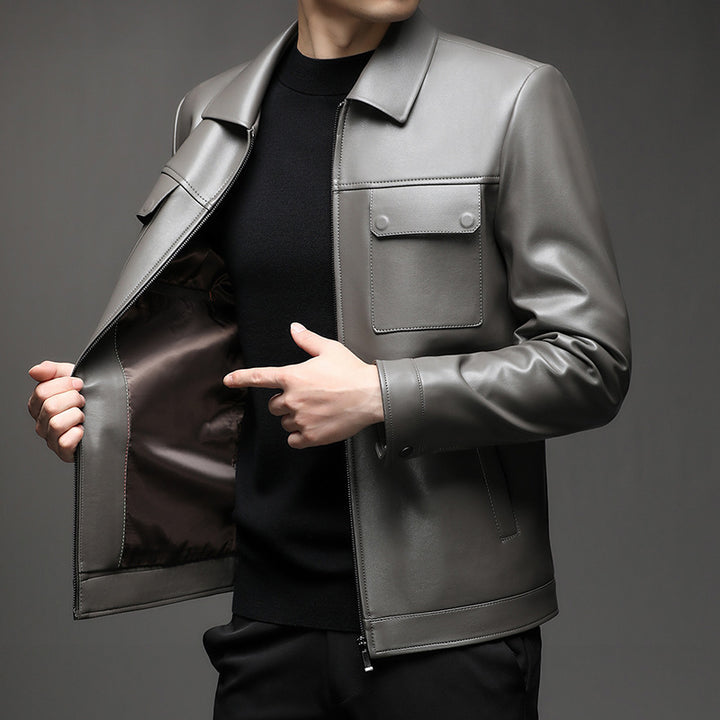 Men's Smooth Leather Jacket in Classic Shirt Collar Style with Concealed Zipper and Patch Chest Pockets Mune Fashion