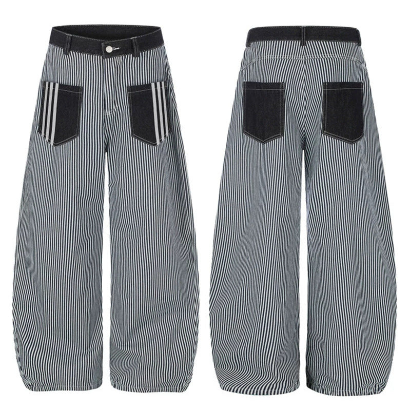 Women Wide Striped Palazzo Culotte with High Waist, Belt Loops and Applied Contrast Pockets Mune Fashion