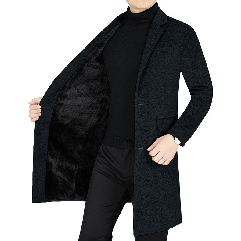 Men's Long Wool Blend Coat with Full Faux Fur Lining and Slim Silhouette Mune Fashion