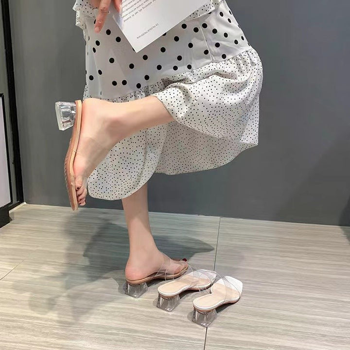 Women Minimalistic Double Strap Mules with Transparent Upper Material and Geometric Block Heel Mune Fashion