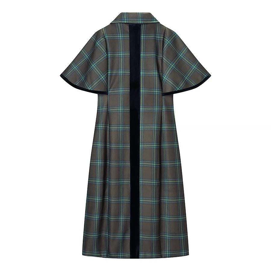 Women long checked cape coat with double layer cape shoulder and velvet collar Mune Fashion