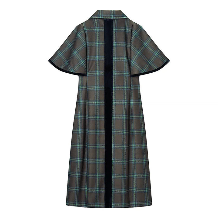 Women long checked cape coat with double layer cape shoulder and velvet collar Mune Fashion