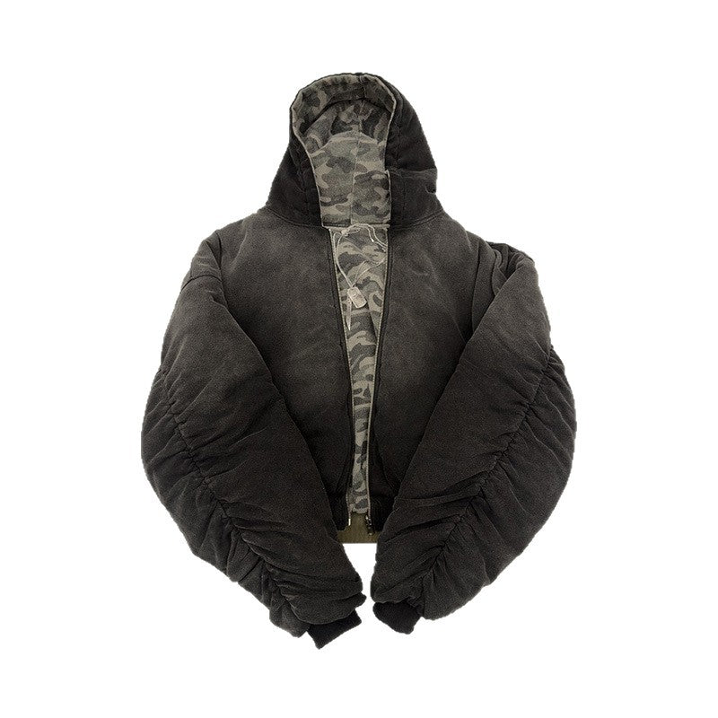 Men's short-cut camouflage bomber-style hooded jacket with teddy lining and two-way zipper Mune Fashion