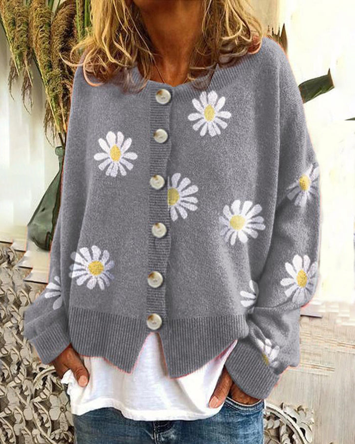 Women's Oversized Knit Cardigan with Button Placket and Daisy Print Mune Fashion