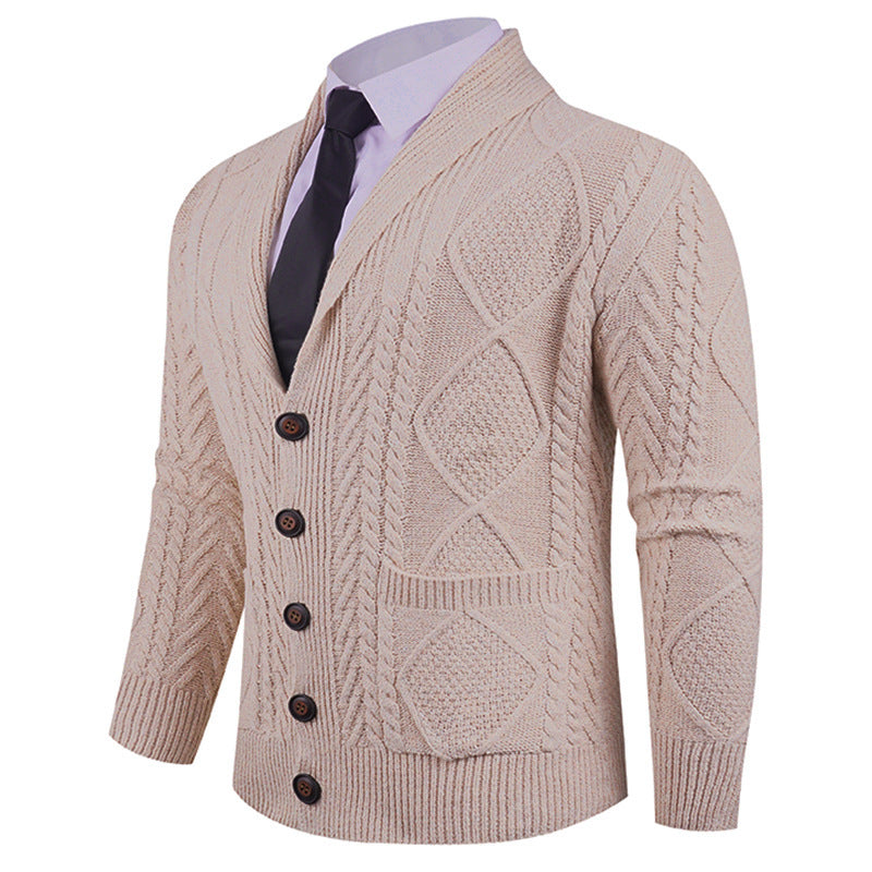 Men's knitted cardigan with shawl collar, cable pattern, patch pockets, and button placket Mune Fashion