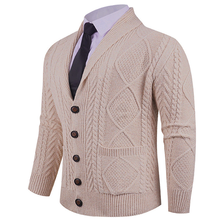 Men's knitted cardigan with shawl collar, cable pattern, patch pockets, and button placket Mune Fashion