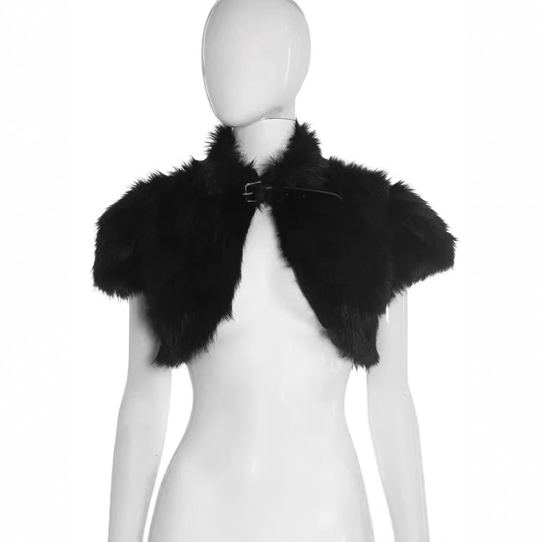 Women's Cropped Faux Fur Bolero with Voluminous Shawl Collar and Puff Sleeves Mune Fashion