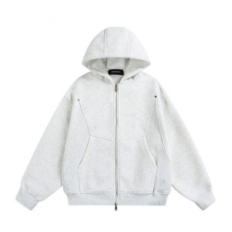 Unisex Boxy Hoodie Jacket with Two-Way Zipper and Geometric Seam Details Mune Fashion