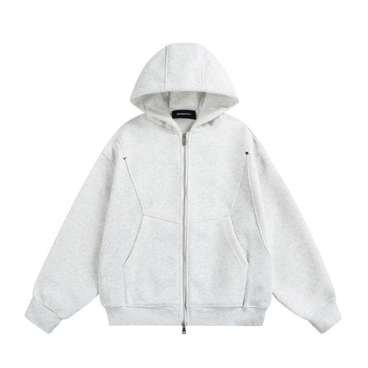 Unisex Boxy Hoodie Jacket with Two-Way Zipper and Geometric Seam Details Mune Fashion