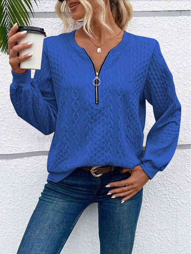 Women's coarsely structured knitted pullover with cable knit pattern, half zip and balloon sleeves Mune Fashion