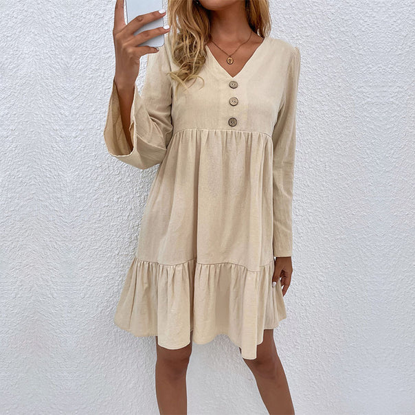 Women's V-Neck Tiered Dress with Bell Sleeves and Button Detail Mune Fashion