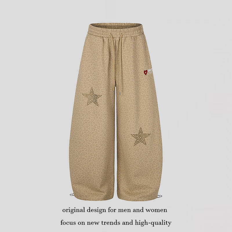 Women's Extra Wide Palazzo Training Pants with Elastic Waistband, Drawstring, and Decorative Star Studs Mune Fashion