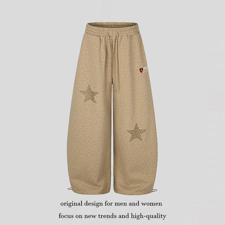Women's Extra Wide Palazzo Training Pants with Elastic Waistband, Drawstring, and Decorative Star Studs Mune Fashion