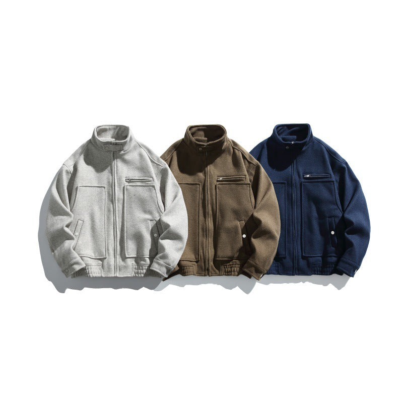 Men's short-cut boxy wool blend blouson with stand-up collar, elastic hem, and zippered chest pocket Mune Fashion