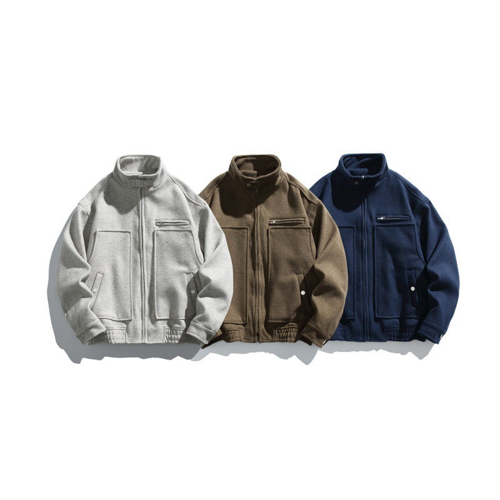 Men's short-cut boxy wool blend blouson with stand-up collar, elastic hem, and zippered chest pocket Mune Fashion