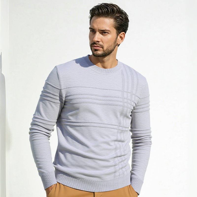 Men's Structured Fine Knit Pullover with Round Neck and Decorative Stripe Relief Seams Mune Fashion