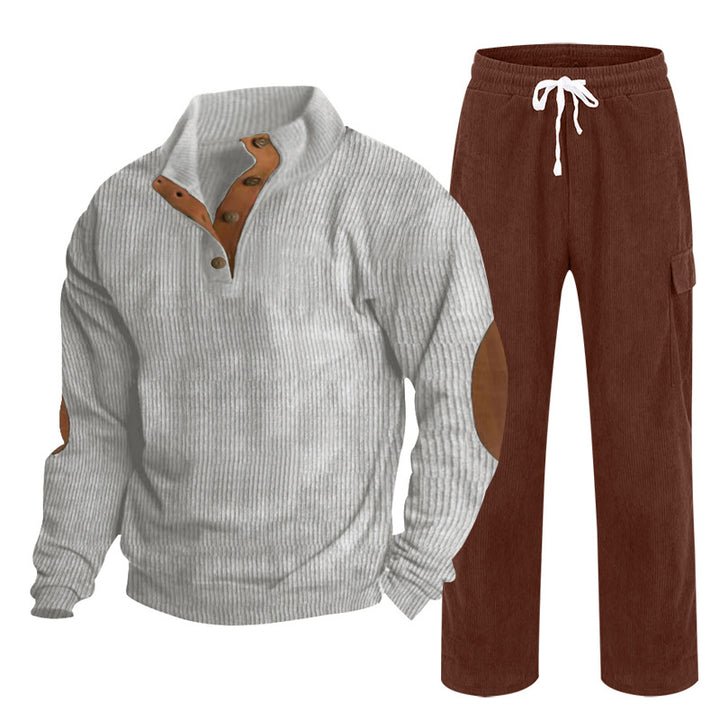 Men's Cozy Leisure Set made of Waffle Knit Henley with Elbow Patch and Relax Cargo Pants Mune Fashion