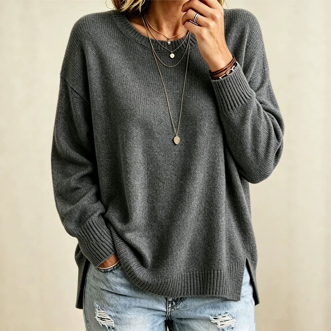 Women Loose Fit Round Neck Fine Knit Sweater with Side Slits and Ribbed Cuffs Mune Fashion