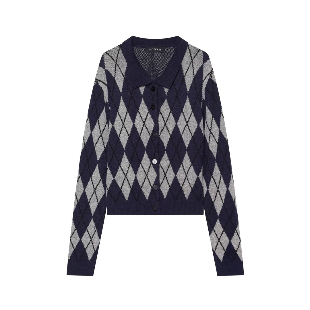 Women's argyle knit cardigan with shirt collar and full button placket Mune Fashion