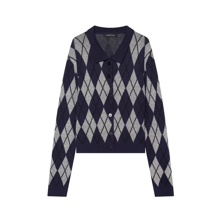 Women's argyle knit cardigan with shirt collar and full button placket Mune Fashion