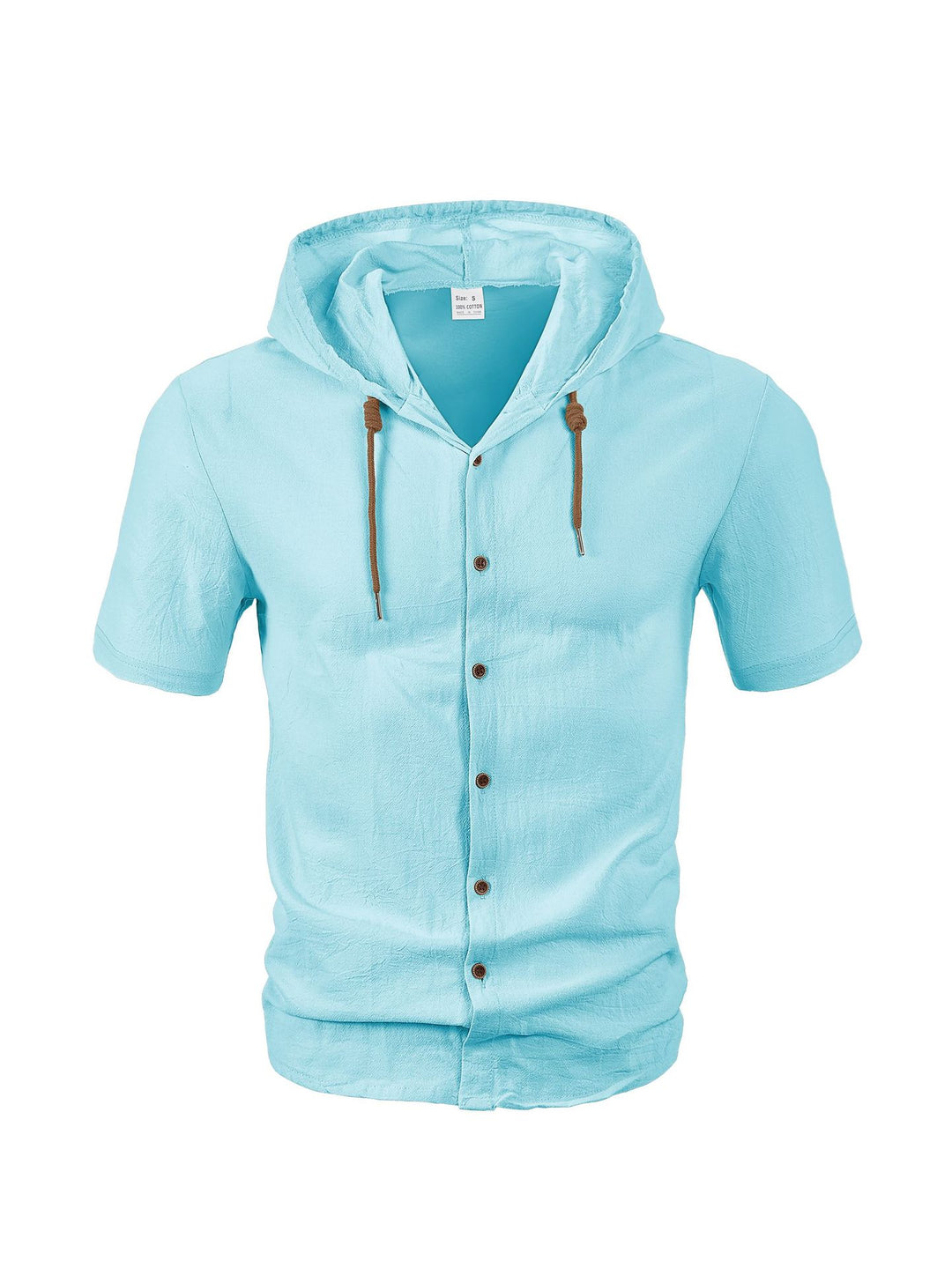 Men's short-sleeve hooded shirt with natural fiber texture, button-up front, and drawstring Mune Fashion