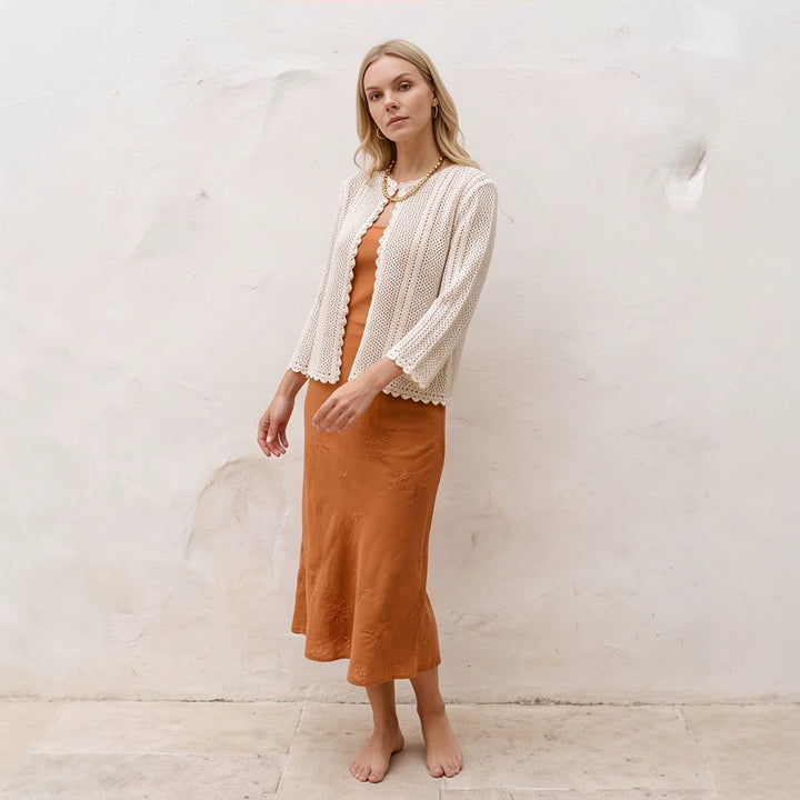 Women's crocheted short jacket with wavy hem, open front & 3/4 sleeves Mune Fashion