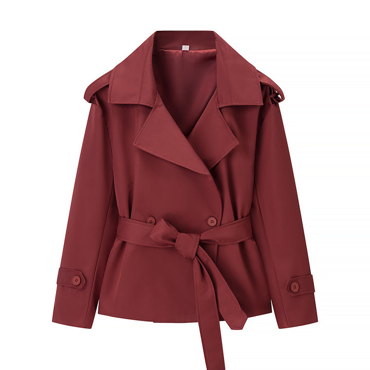Ladies nan shortened double-breasted trench coat with tie belt shoulder flaps and cuff fasteners Mune Fashion