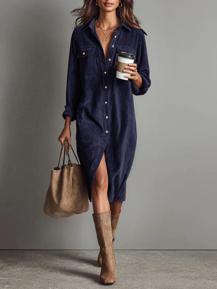 Women's shirt dress made of corduroy with breast pockets, button placket and slit Mune Fashion