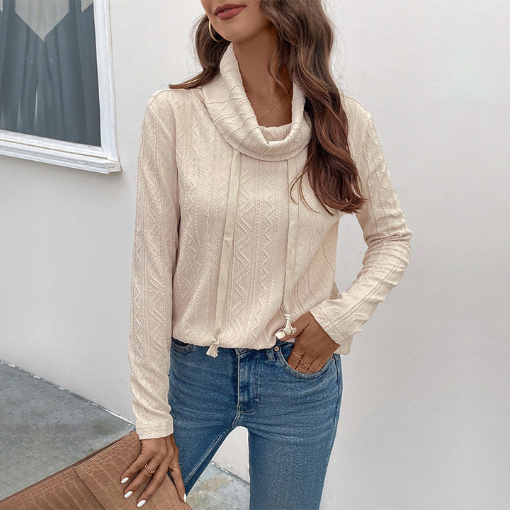Ladies fine knit cowl neck pullover with drawstring and cable knit detail Mune Fashion
