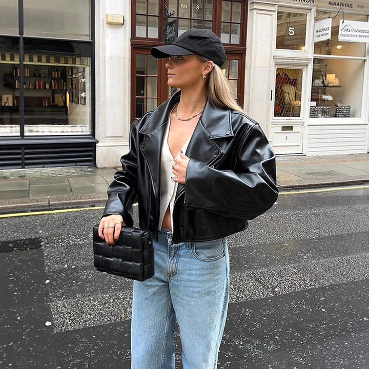 Women's Cropped Boxy Biker Jacket made of Faux Leather with Distinctive Shoulder Area and Boxy Silhouette Mune Fashion