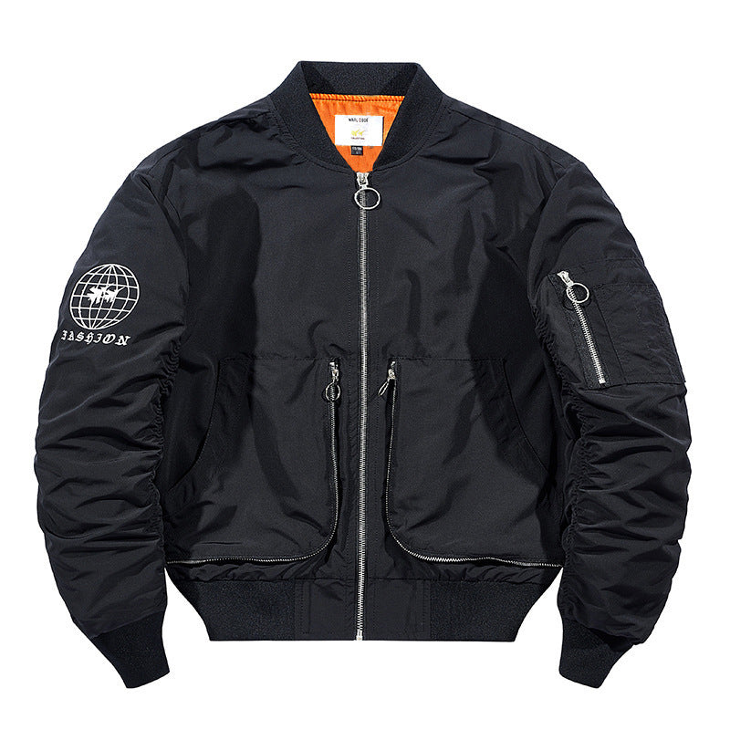Men's modern nylon bomber jacket in pilot style with utility arm pocket and contrasting interior lining Mune Fashion