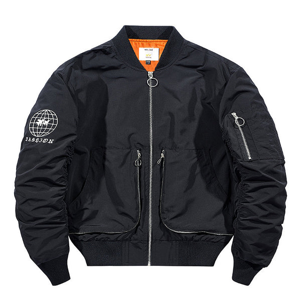 Men's modern nylon bomber jacket in pilot style with utility arm pocket and contrasting interior lining Mune Fashion