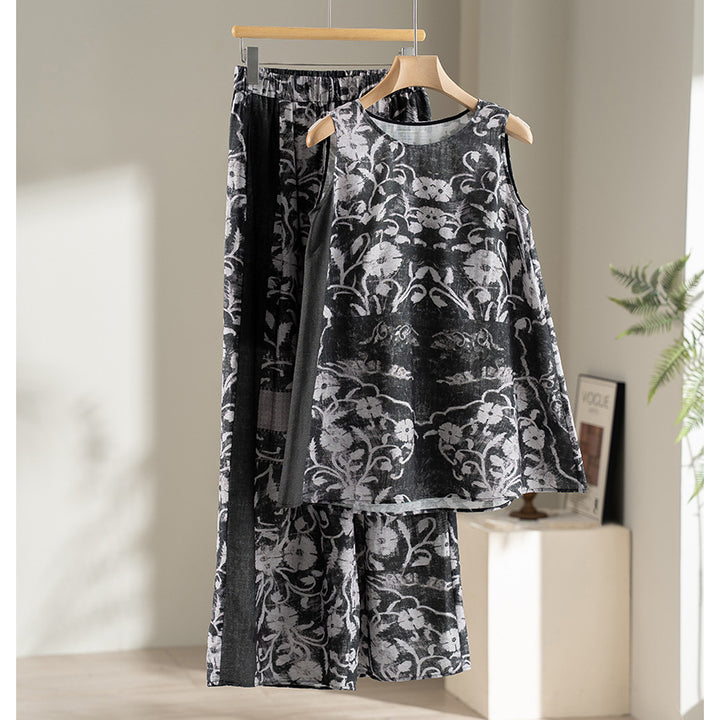 Women's Wide Linen Blend Pants with Elastic Waistband, Palazzo Cut and Ornamental Print Mune Fashion