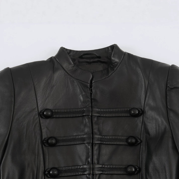 Women Cropped Leather Look Jacket in military-inspired design with stand-up collar and decorative buttons Drune