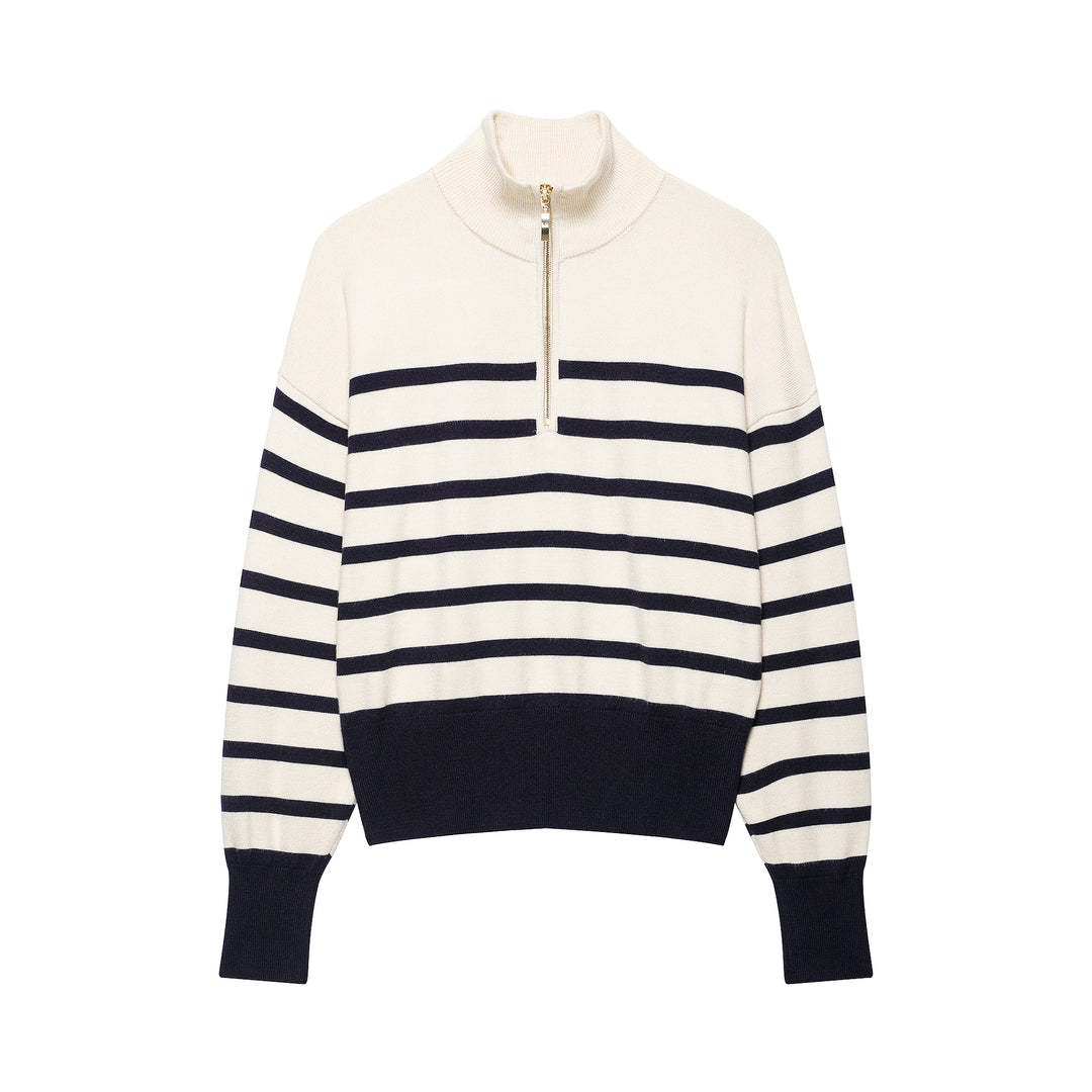 Women's Striped Half-Zip Knit Sweater with Stand-up Collar Mune Fashion